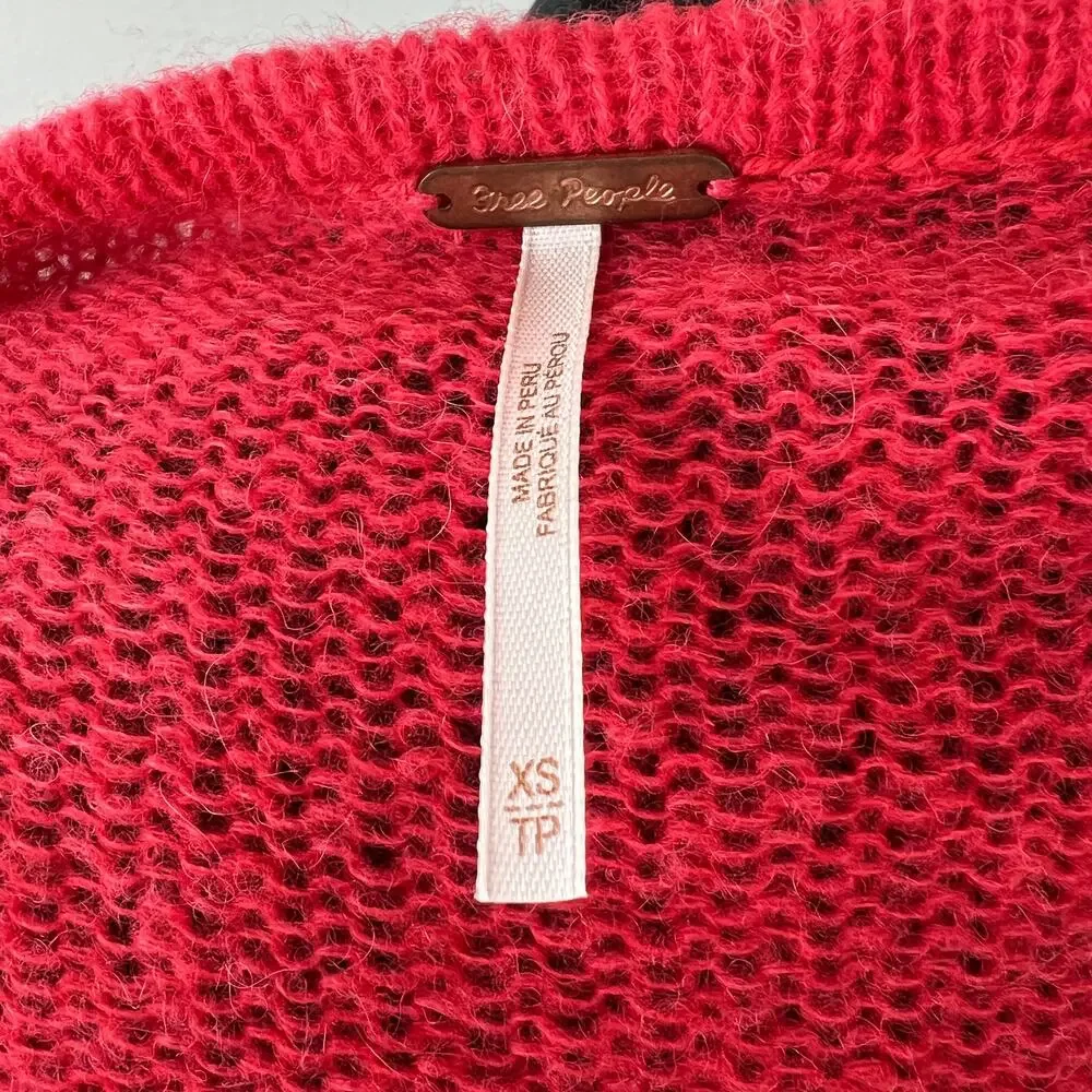 FREE PEOPLE Red Sweater Alpaca Gossamer Pullover V-Neck Size XS X-Small